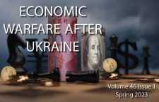 Different objects that symbolize economic warfare, such as money and chess pieces