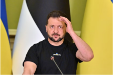 Ukrainian President Volodymyr Zelensky speaks during a joint press conference